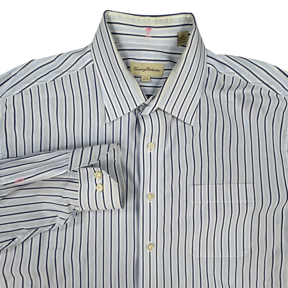 Tommy Bahama Striped Dress Shirt‎ Mens 17.5 34/35 Blue White Cotton Button Up
